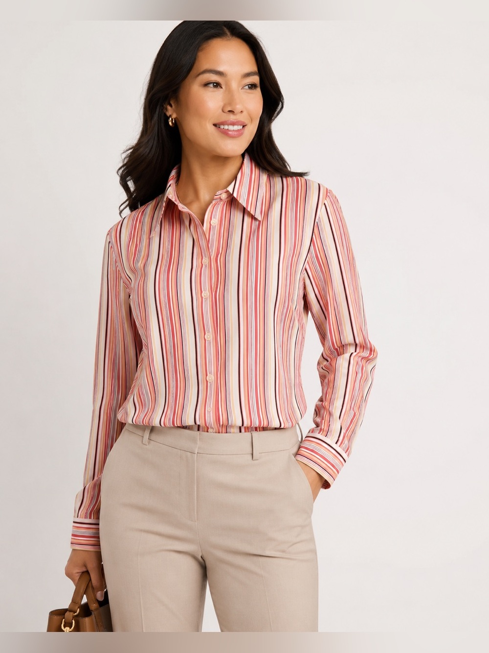 Jones New YorkPetite Stripe Button Blouse PL Coral Pink Career Office NWT